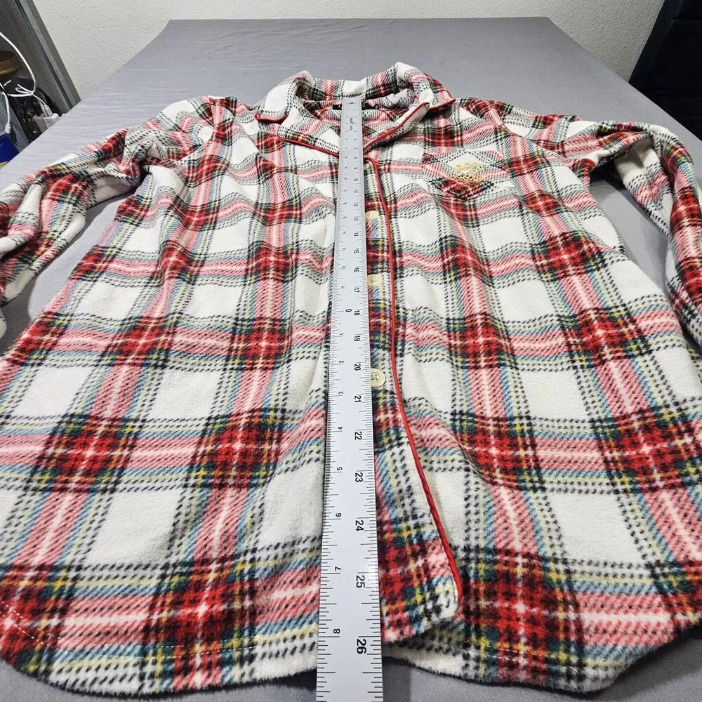 Lauren Ralph Lauren Pajama Top Large L Plaid Fleece Flannel Button Up Crest Red